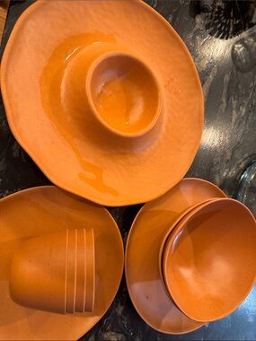 Melamine Speckled Orange Appetizer  Set - Vibrant Orange Plates & Bowls